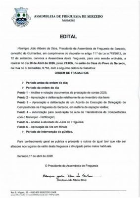 Assembleia de Freguesia Ordin&aacute;ria - Abril 2026