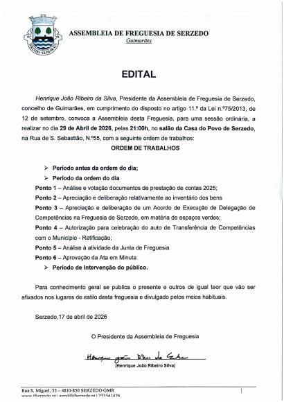 Assembleia de Freguesia Ordin&aacute;ria - Abril 2026